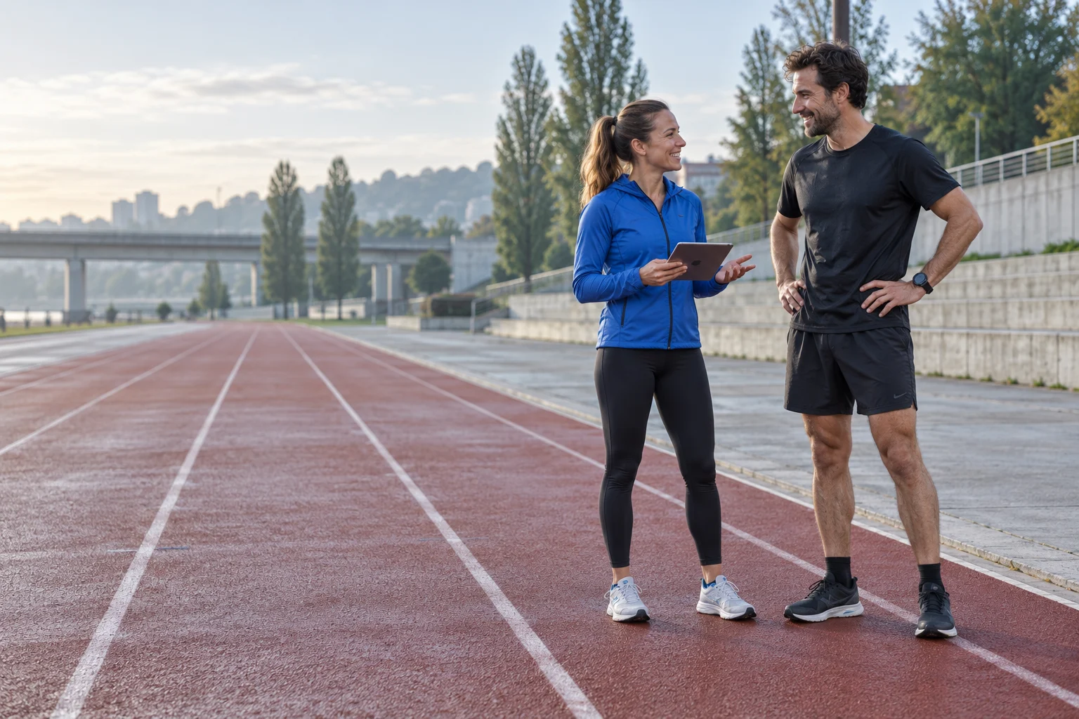 Une coach et son client échangent après une séance sur une piste de course