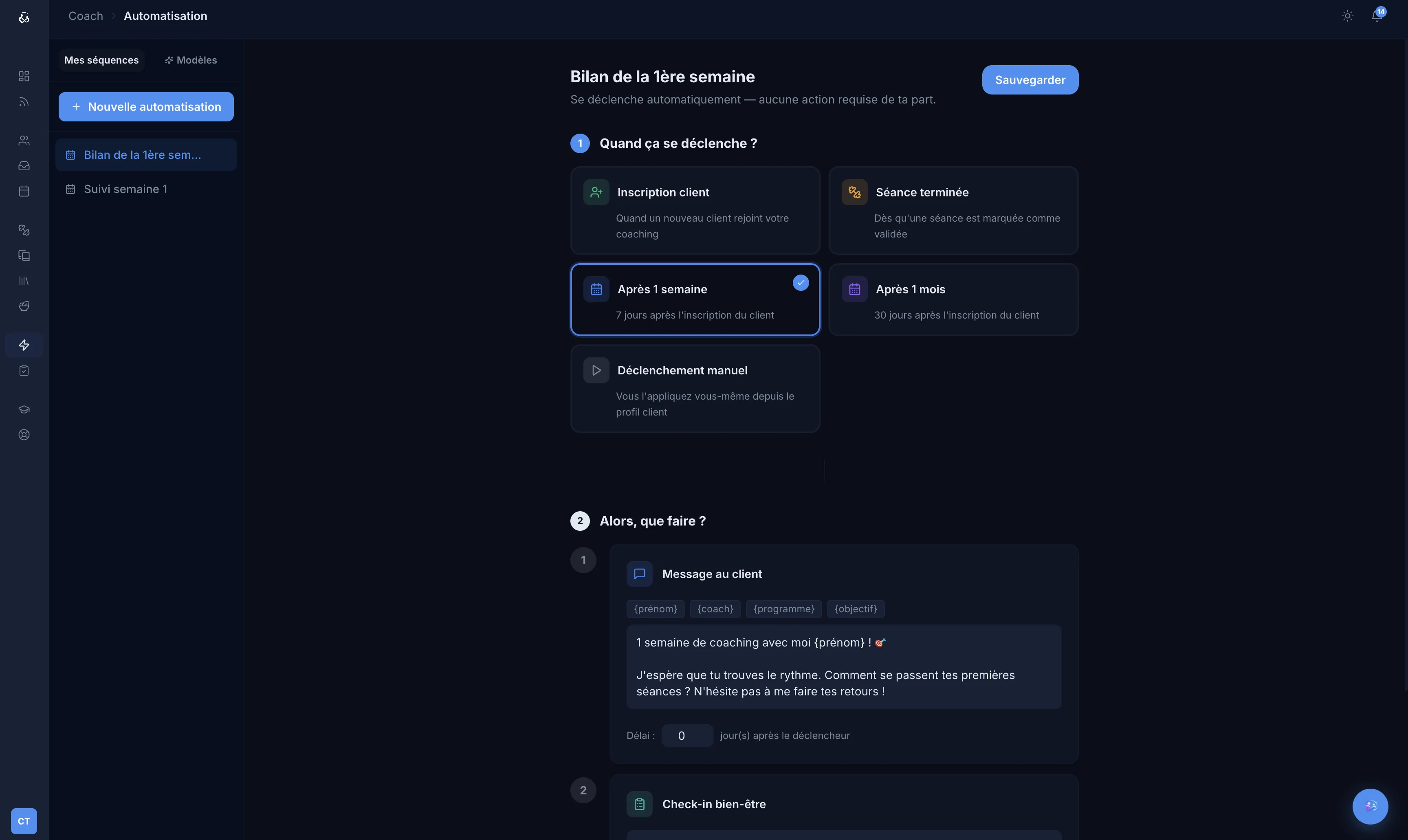 Builder de séquences CoachOS — déclencheurs, message au client avec variables et délai d'envoi