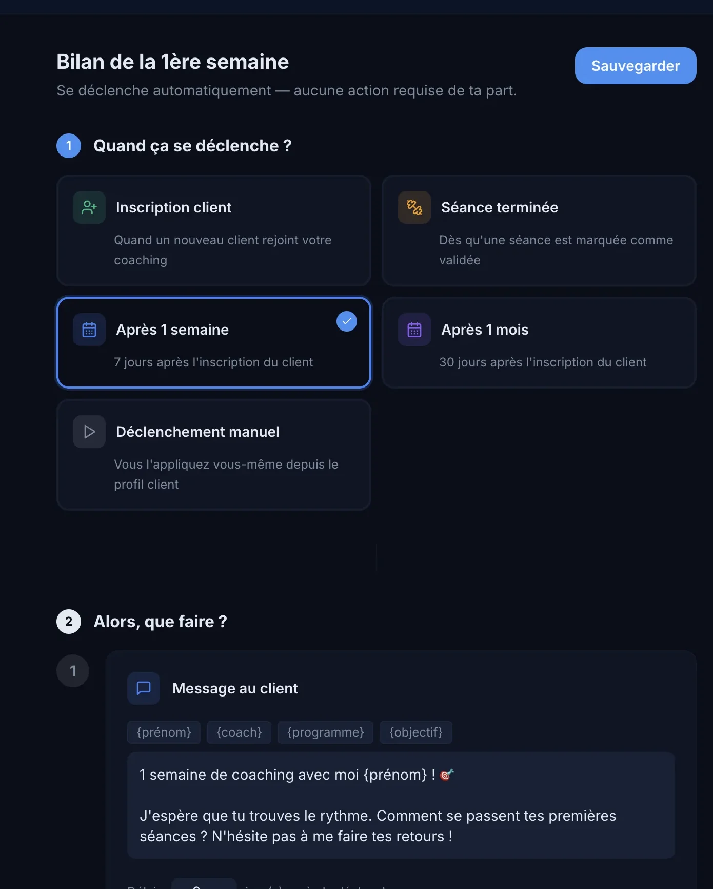 Builder de séquences CoachOS — déclencheurs et message au client